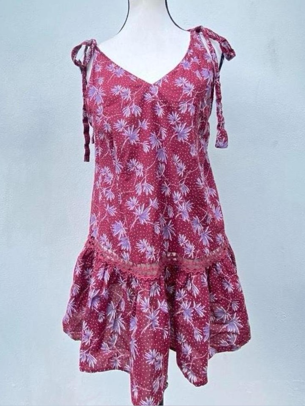 Anthropologie Burgundy & Purple Floral Polka Dot Kayla Flounce V-neck Mini Dress
